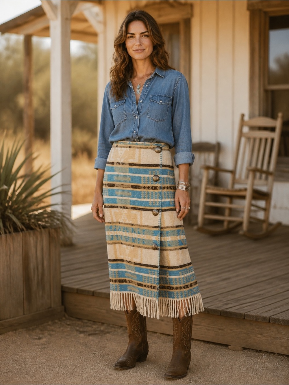 NWT Rhonda Stark Sun Valley Fringe 4-Button Southwest Print Midi Skirt Size XL